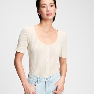 NWT, Gap Pointelle Button-Front Short Sleeve T-Shirt, Ivory Frost/White, Size L